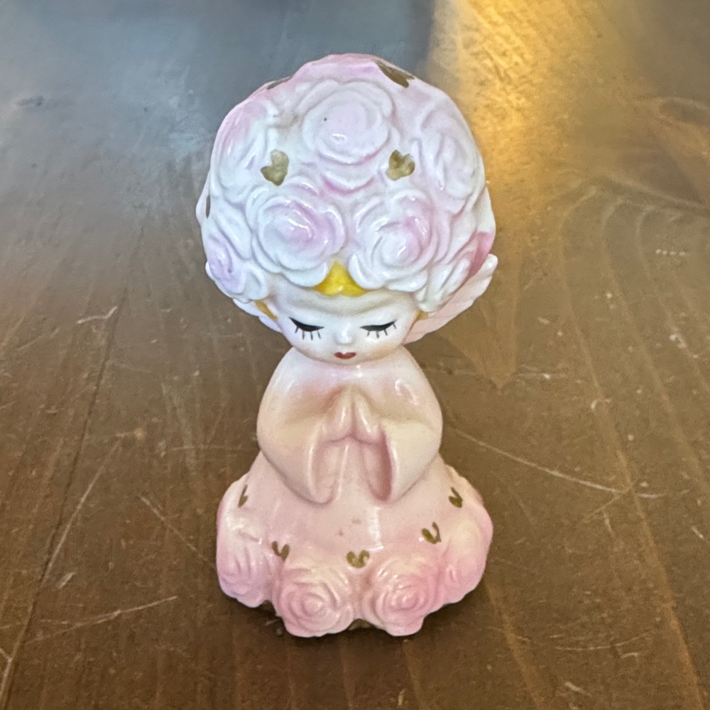 Vintage Pink Praying Angel Bell Figurine